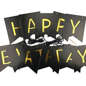 FECEDY Black Happy Birthday Bunting Banner with Shiny Gold Letters Party Supplies