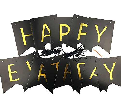 FECEDY Black Happy Birthday Bunting Banner with Shiny Gold Letters Party Supplies