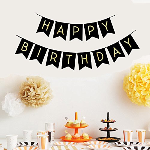 FECEDY Black Happy Birthday Bunting Banner with Shiny Gold Letters Party Supplies