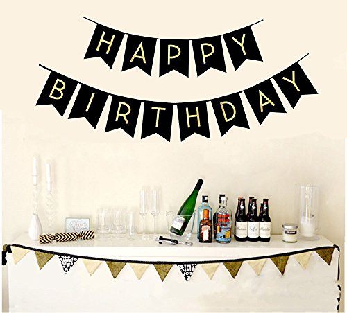 FECEDY Black Happy Birthday Bunting Banner with Shiny Gold Letters Party Supplies