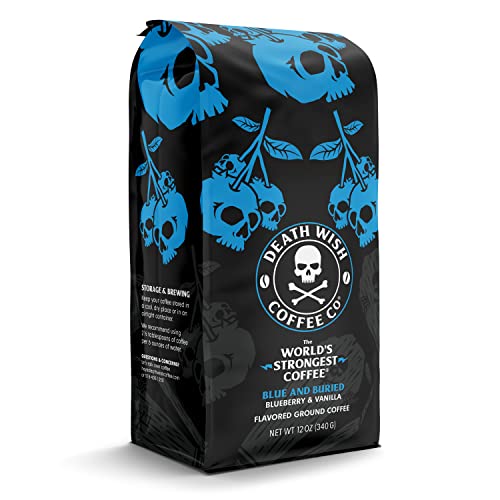 DEATH WISH COFFEE Ground Coffee - Extra Kick of Caffeine - Blue and Buried: Blueberry Vanilla Flavored Coffee