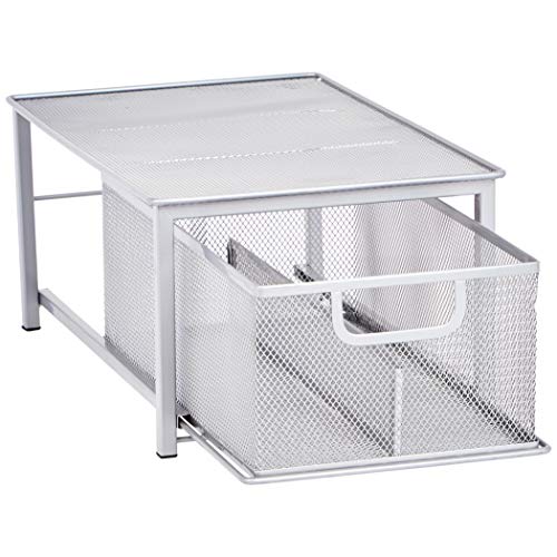 Amazon Basics Mesh Sliding Basket Drawer Storage Shelf Organizer, Silver