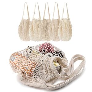 5 pack Cotton String Shopping Bags Reusable Washable Grocery Mesh Bags Organizer for Grocery Shopping Produce Net Bags with Longhandle for Fruit Vegetable Storage