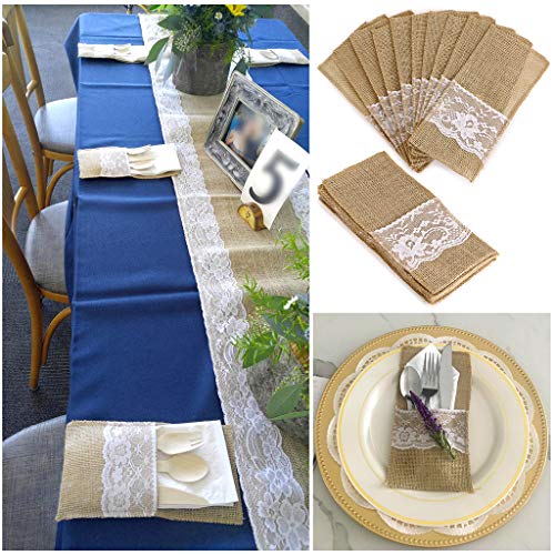 OwnMy Natural Burlap Tableware Utensil Holders Burlap Lace Silverware Holder Linen Knife and Forks Cutlery Pouch Bag for Vintage Rustic Wedding Party (Beige-60 Packs)