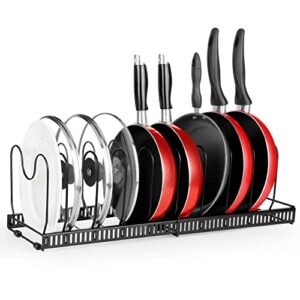 pots and pans organizer,expandable pot rack organizer for cabinet, pot lid organizer holder with 10 adjustable compartment pans holder for kitchen cabinet cookware baking frying rack bake ware storage
