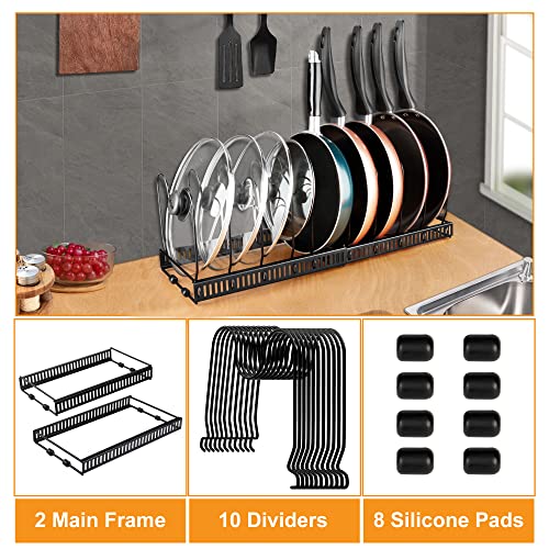 Pots and Pans Organizer,Expandable Pot Rack Organizer for Cabinet, Pot Lid Organizer Holder with 10 Adjustable Compartment Pans Holder for Kitchen Cabinet Cookware Baking Frying Rack Bake Ware Storage