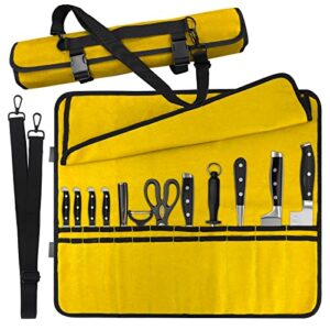 yellow chef knife bag with 24 slots canvas cutlery knives holders protectors,home kitchen travel cooking tools,portable knife roll storage bag chef case for camping or working