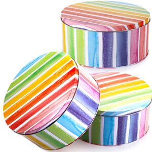 Yopay 3 Pack Cookie Tins, Round Baking Cake Gift Tins for Storing Patisseries, Puff Pastries Craft Supplies, Easter, Special Occasion and Holidays, Rainbow Pattern, 7" Wide by 3.2" Tall