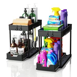 artzon 2 Pack Under Sink Organizers and Storage, 2-Tier Sliding Cabinet Basket Organizer with Hooks, Multi-Purpose Under Sink Organizers and Storage for Bathroom Kitchen