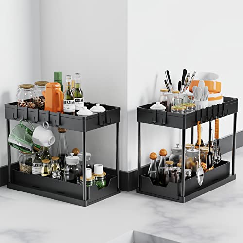 artzon 2 Pack Under Sink Organizers and Storage, 2-Tier Sliding Cabinet Basket Organizer with Hooks, Multi-Purpose Under Sink Organizers and Storage for Bathroom Kitchen