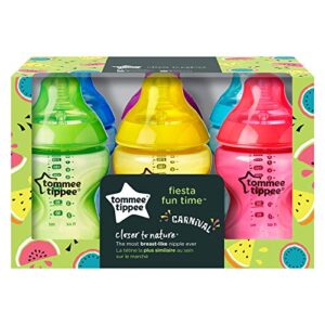 Tommee Tippee Closer To Nature Baby Bottles, Fiesta Collection Slow Flow Breast-Like Nipple With Anti-Colic Valve (9oz, 6 Count)