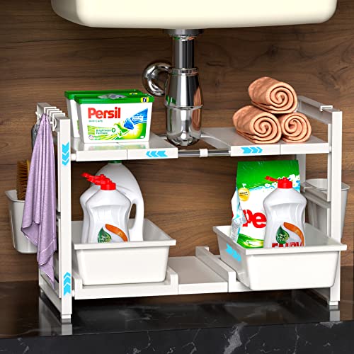 WestonBasics Under Sink Organizer | Expandable Under the Sink Organizer from 16-28" | 2-Tier Under Sink Organizers and Storage Shelf with Adjustable Racks, Double Sliding Drawers, 5 Hooks & 2 Cups