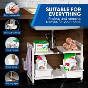 WestonBasics Under Sink Organizer | Expandable Under the Sink Organizer from 16-28" | 2-Tier Under Sink Organizers and Storage Shelf with Adjustable Racks, Double Sliding Drawers, 5 Hooks & 2 Cups