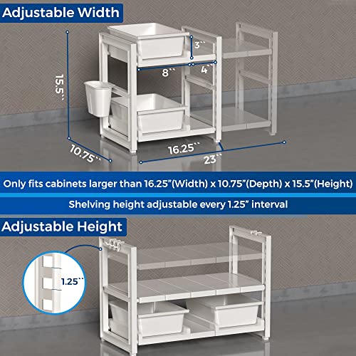 WestonBasics Under Sink Organizer | Expandable Under the Sink Organizer from 16-28" | 2-Tier Under Sink Organizers and Storage Shelf with Adjustable Racks, Double Sliding Drawers, 5 Hooks & 2 Cups