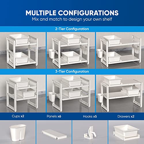 WestonBasics Under Sink Organizer | Expandable Under the Sink Organizer from 16-28" | 2-Tier Under Sink Organizers and Storage Shelf with Adjustable Racks, Double Sliding Drawers, 5 Hooks & 2 Cups