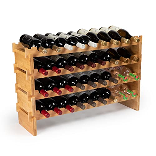 DECOMIL - 36 Bottle Large Wine Rack , Stackable & Modular Wine Storage Rack , Solid Bamboo Wine Holder Display Shelves, Wobble-Free (Four-Tier, 36 Bottle Capacity)