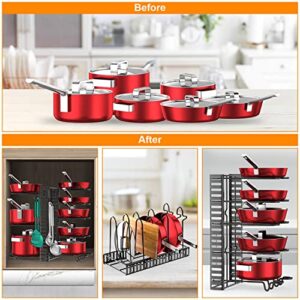 LeeWent Pots and Pans Organizer for Cabinet with 2 Hooks, Adjustable Pot and Pan Organizer Rack for Cabinet 8 Tiers Durable Steel Construction Pot Rack Space Saving Kitchen Storage