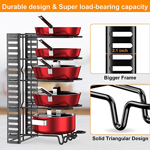 LeeWent Pots and Pans Organizer for Cabinet with 2 Hooks, Adjustable Pot and Pan Organizer Rack for Cabinet 8 Tiers Durable Steel Construction Pot Rack Space Saving Kitchen Storage