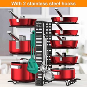 LeeWent Pots and Pans Organizer for Cabinet with 2 Hooks, Adjustable Pot and Pan Organizer Rack for Cabinet 8 Tiers Durable Steel Construction Pot Rack Space Saving Kitchen Storage