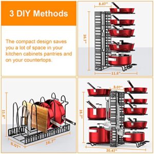 LeeWent Pots and Pans Organizer for Cabinet with 2 Hooks, Adjustable Pot and Pan Organizer Rack for Cabinet 8 Tiers Durable Steel Construction Pot Rack Space Saving Kitchen Storage