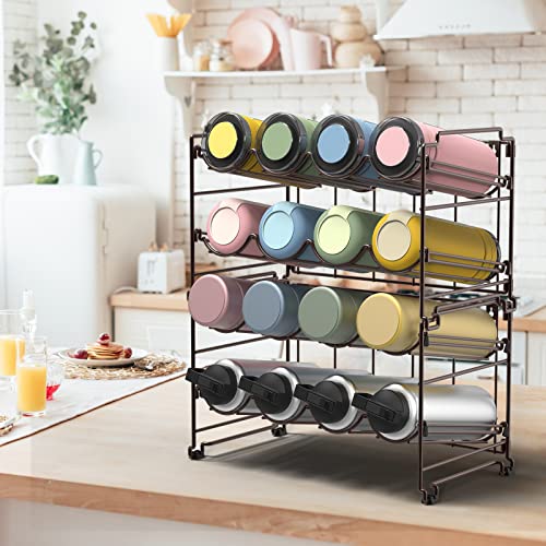 AULEDIO Adjustable Water Bottle Organizer, 4 Tier Stackable Bottle Organizer, Wall-Mounted Water Bottle Holder, Water Bottle Storage for Countertop, Cabinet, Kitchen, Brone