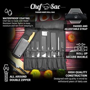 Chef Knife Bag Knife Roll Bag | 9 Slots for Knives Cleaver & Kitchen Utensils | 2 Large Zip Pockets | Padded Shoulder Sling Strap | Best Gift for Professional Chefs & Culinary Students (Black)