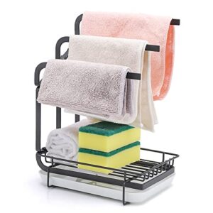 sponge holder with drain pan for kitchen sink kitchen towel rack sink caddy organizer for dish sponge brush soap dishcloth holder(black)