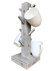 16″ solid wood coffee mug stand | coffee mug tree | coffee mug rack | coffee cup holder | adjustable / removable hooks | holds 10 mugs | collapsible for storage | jewelry / watch organization (gray)
