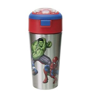 zak designs comics durable stainless steel straw bottle with push-button flip lid vacuum insulation keeps drinks cold, bpa free, 12oz, marvel universe