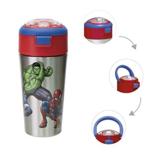 Zak Designs Comics Durable Stainless Steel Straw Bottle with Push-Button Flip Lid Vacuum Insulation Keeps Drinks Cold, BPA Free, 12oz, Marvel Universe