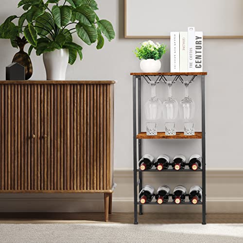 YBING Wine Rack Freestanding Floor Wine Bar Rack with Glass Holder and Tabletop 8 Bottle Wood Wine Tables with Racks 4 Tier Wine Bottle Organizer Display Storage Stand , Rustic Brown