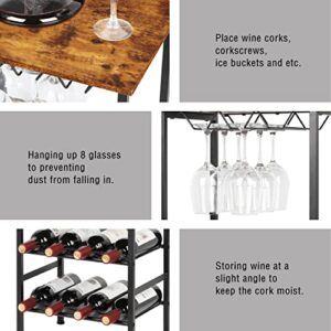 YBING Wine Rack Freestanding Floor Wine Bar Rack with Glass Holder and Tabletop 8 Bottle Wood Wine Tables with Racks 4 Tier Wine Bottle Organizer Display Storage Stand , Rustic Brown