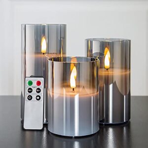 eywamage glass flameless candles with remote battery operated flickering led pillar candles real wax wick 3 pack d 3″ h 4″ 5″ 6″ grey
