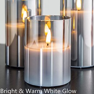 Eywamage Glass Flameless Candles with Remote Battery Operated Flickering LED Pillar Candles Real Wax Wick 3 Pack D 3" H 4" 5" 6" Grey