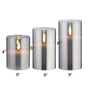 Eywamage Glass Flameless Candles with Remote Battery Operated Flickering LED Pillar Candles Real Wax Wick 3 Pack D 3" H 4" 5" 6" Grey