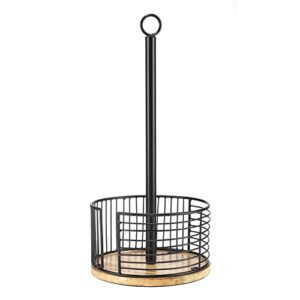 countertop paper towel holder – black metal wire kitchen roll holder with wooden base – farmhouse paper towel stand