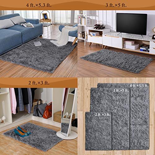 Ophanie Rugs for Bedroom Living Room, 4x5.3 Area Rug Grey Fluffy Fuzzy Soft Plush Shaggy Large Bedside Carpet, Big Indoor Floor Rug for Kids Girls Boys Home Decor Aesthetic, Dorm Nursery Gray