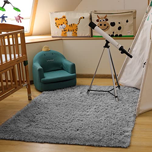 Ophanie Rugs for Bedroom Living Room, 4x5.3 Area Rug Grey Fluffy Fuzzy Soft Plush Shaggy Large Bedside Carpet, Big Indoor Floor Rug for Kids Girls Boys Home Decor Aesthetic, Dorm Nursery Gray