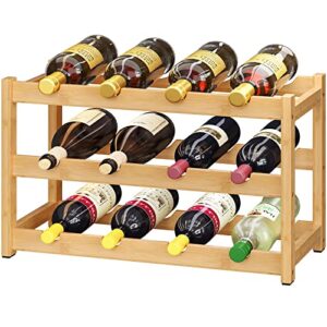 bameos bamboo wine rack, 3 tier natural wine rack freestanding floor display storage shelf countertop wine holder for kitchen, bar, pantry, wine cellar, basement,study，maroon (16.85 l x 9.25w x 12h)