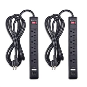 cable matters 2-pack 6 outlet surge protector power strip with usb, 8 ft long extension cord (surge protector with usb ports) in black