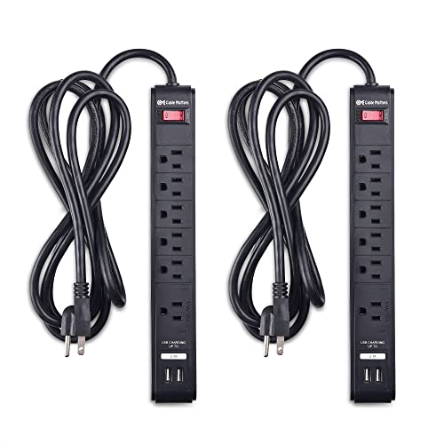 Cable Matters 2-Pack 6 Outlet Surge Protector Power Strip with USB, 8 ft Long Extension Cord (Surge Protector with USB Ports) in Black