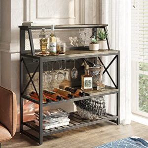 bestier bar table with storage coffee bar cabinets for liquor and glasses, wine rack freestanding floor with glass holder for home kitchen dining room basement, gray