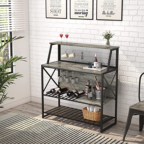 Bestier Bar Table with Storage Coffee Bar Cabinets for Liquor and Glasses, Wine Rack Freestanding Floor with Glass Holder for Home Kitchen Dining Room Basement, Gray