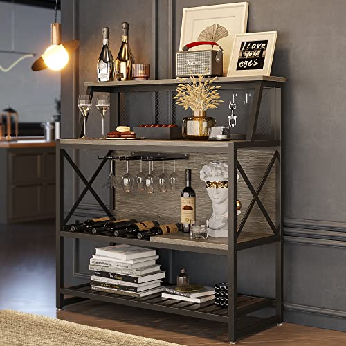 Bestier Bar Table with Storage Coffee Bar Cabinets for Liquor and Glasses, Wine Rack Freestanding Floor with Glass Holder for Home Kitchen Dining Room Basement, Gray