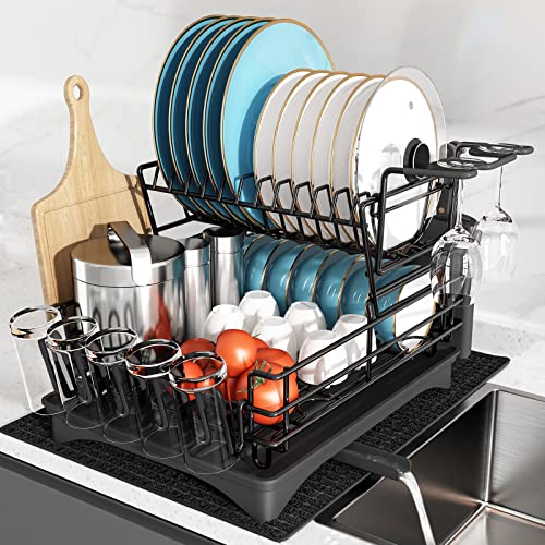 Dish Drying Rack Drainboard Set, Large Stainess Steel 2 Tier Dish Rack with Drainage Dish Drainers for Kitchen Counter with Wine Glass Holder, Cutting Board Holder, Utensil Holder and Dry Mat(Black)