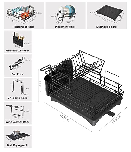 Dish Drying Rack Drainboard Set, Large Stainess Steel 2 Tier Dish Rack with Drainage Dish Drainers for Kitchen Counter with Wine Glass Holder, Cutting Board Holder, Utensil Holder and Dry Mat(Black)