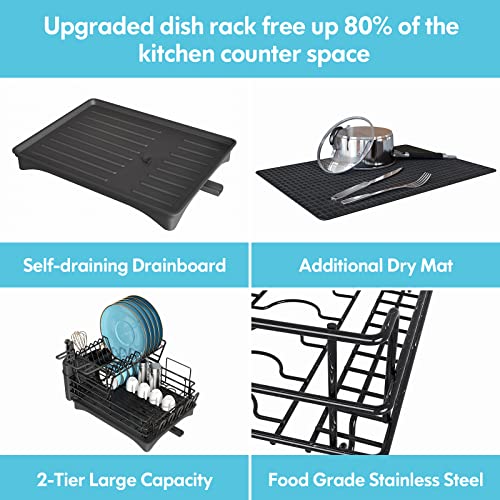 Dish Drying Rack Drainboard Set, Large Stainess Steel 2 Tier Dish Rack with Drainage Dish Drainers for Kitchen Counter with Wine Glass Holder, Cutting Board Holder, Utensil Holder and Dry Mat(Black)