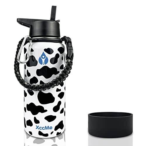 XccMe 32oz Sports Water Bottle,Stainless Steel Double Wall Vacuum Sealed Travel Bottle with Lid,Paracord handle,Silicone Boot ,Keep Drinks Hot or Cold,Gift for Mom,Sister,Friend,Colleague (Cow)