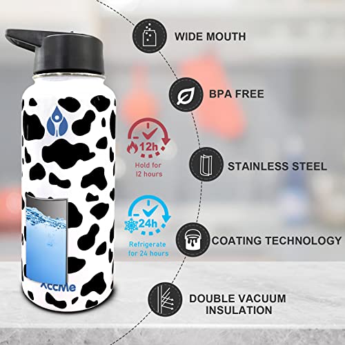 XccMe 32oz Sports Water Bottle,Stainless Steel Double Wall Vacuum Sealed Travel Bottle with Lid,Paracord handle,Silicone Boot ,Keep Drinks Hot or Cold,Gift for Mom,Sister,Friend,Colleague (Cow)