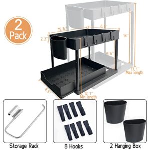 2 Pack Under Sink Organizer, 2 Tier Stretchable Under Sliding Kitchen Bathroom Cabinet Organizers and Storage Shelf with Over The Door Paper Towel Holder, Hooks, Hanging Cup, Black Under Sink Storage